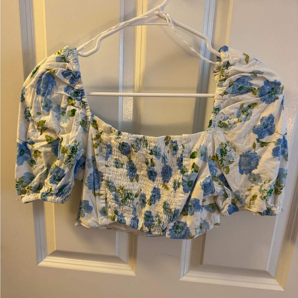 Zara Floral Puff Sleeve Blouse - Blue and Green